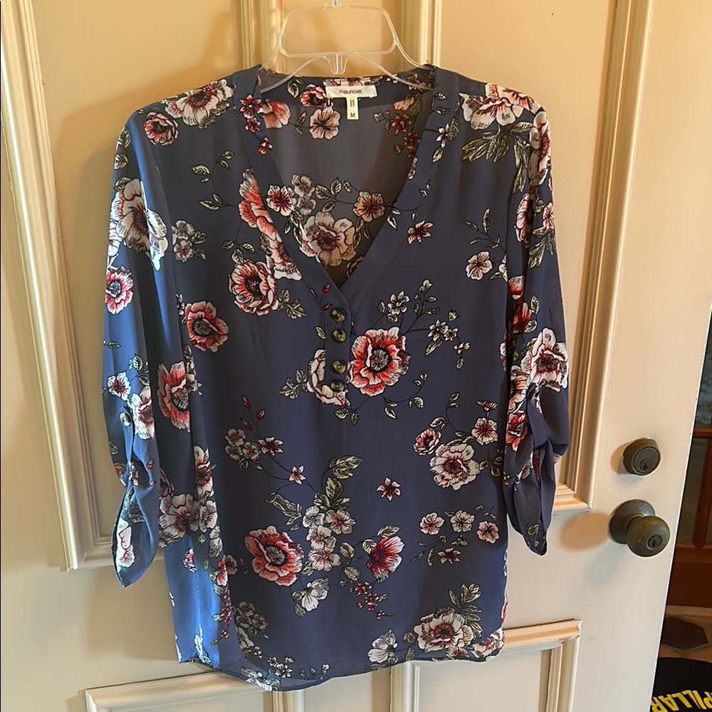 Maurices Blue and Pink Floral 3/4 Sleeve Blouse